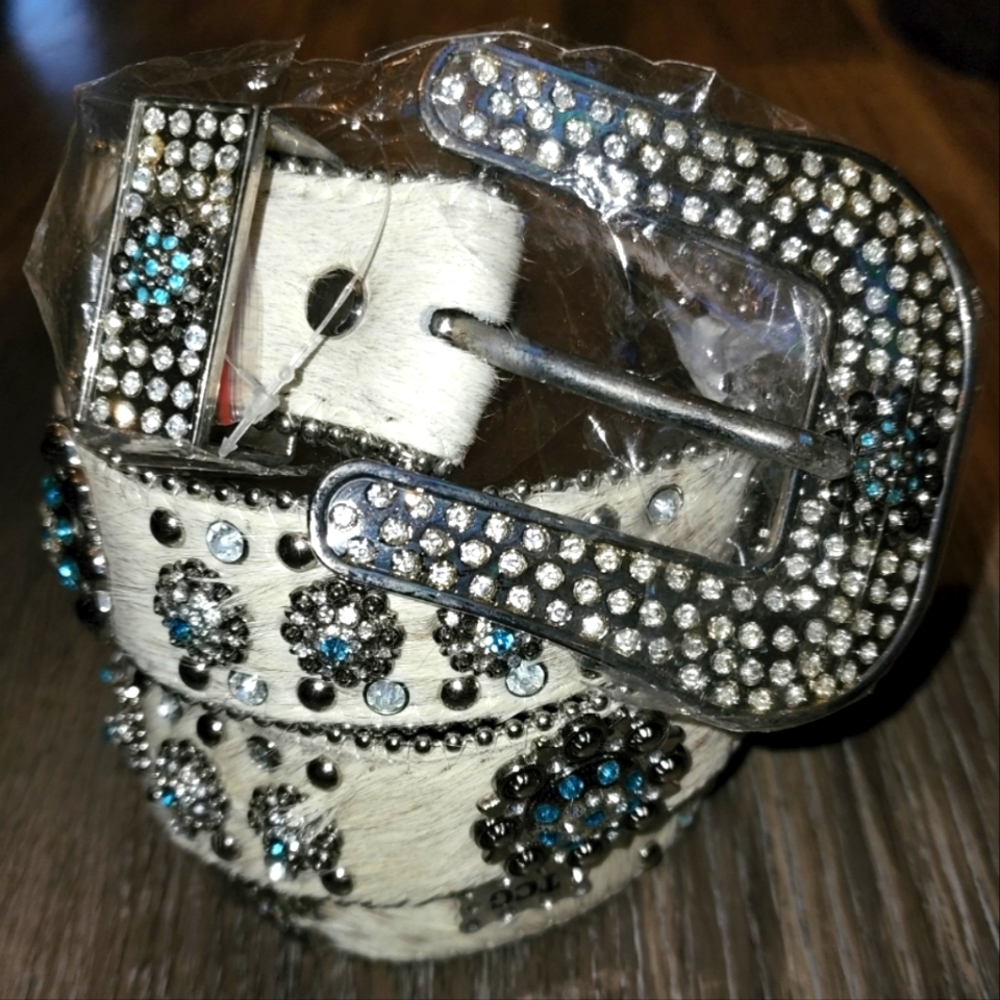 Women's White Calf Hair with Studs and Aqua Crystals Western Belt